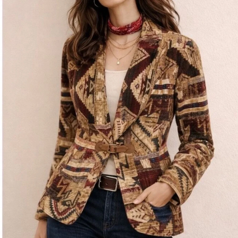 Lauren Ralph Lauren southwest Aztec print leather toggle blazer cardigan L - Picture 1 of 9